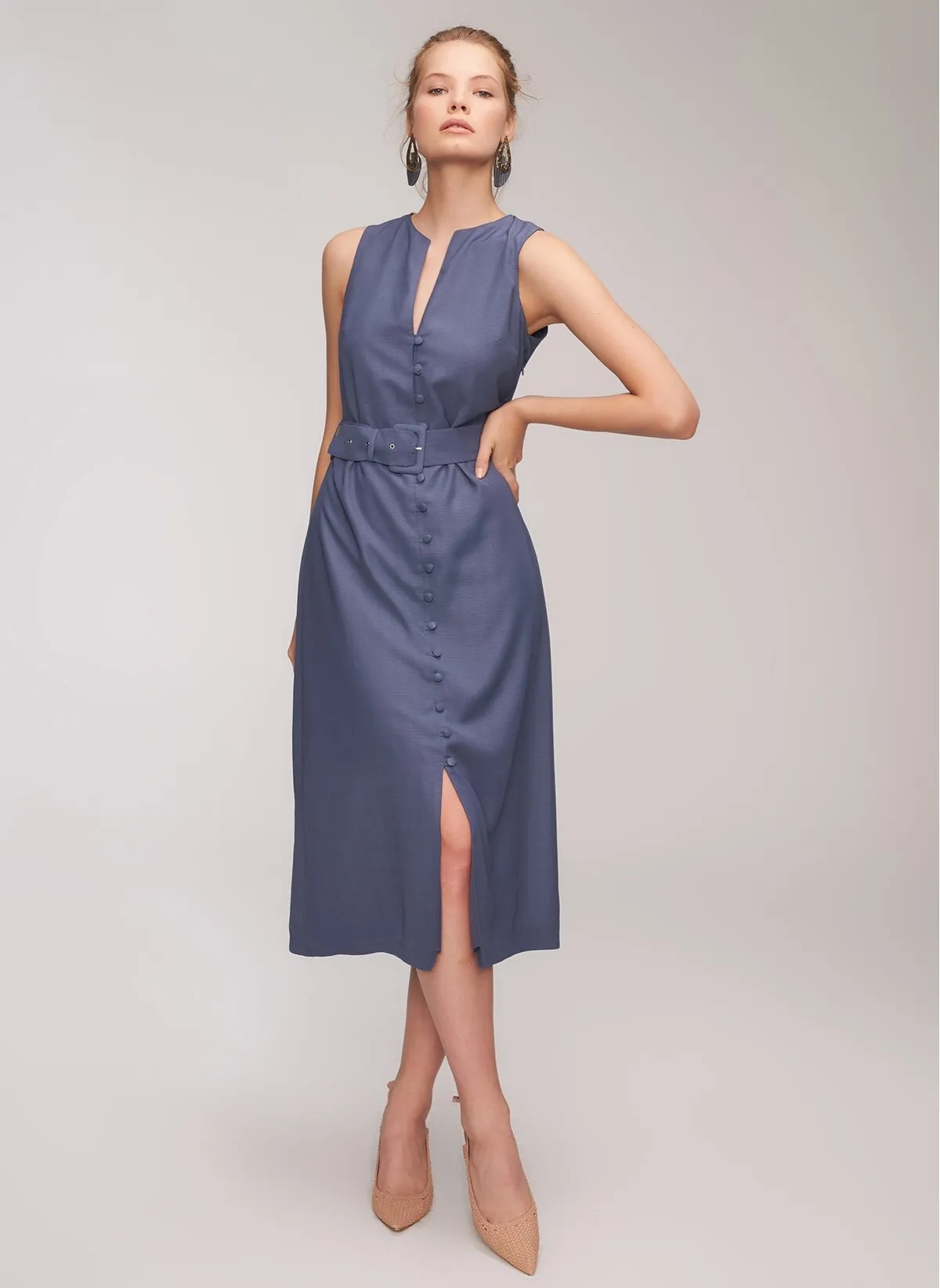 12870 Indigo Buttoned Belt Dress