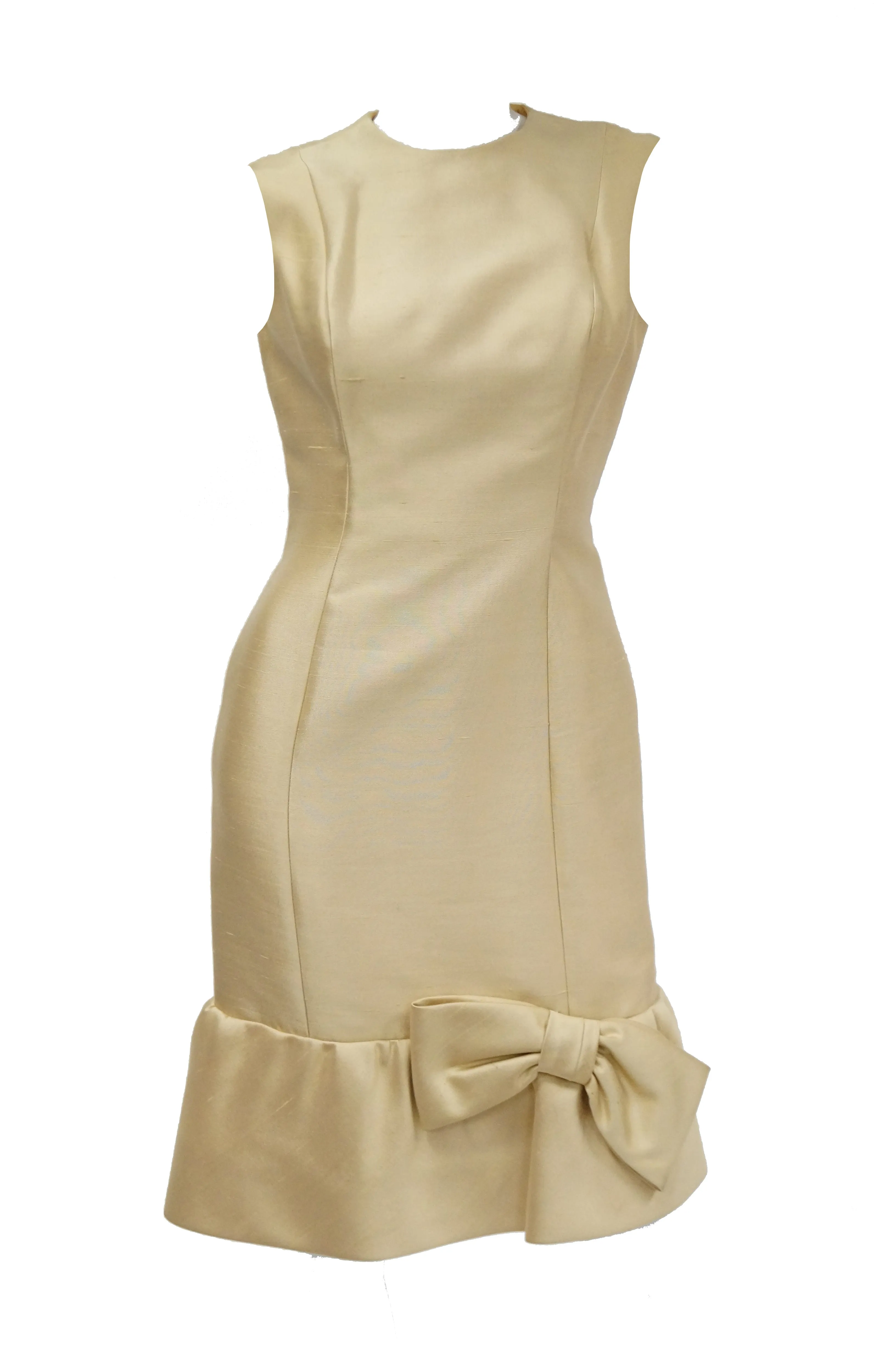 1960s Mardi Gras Champagne Gold Cocktail Sheath Dress with Bow Detail