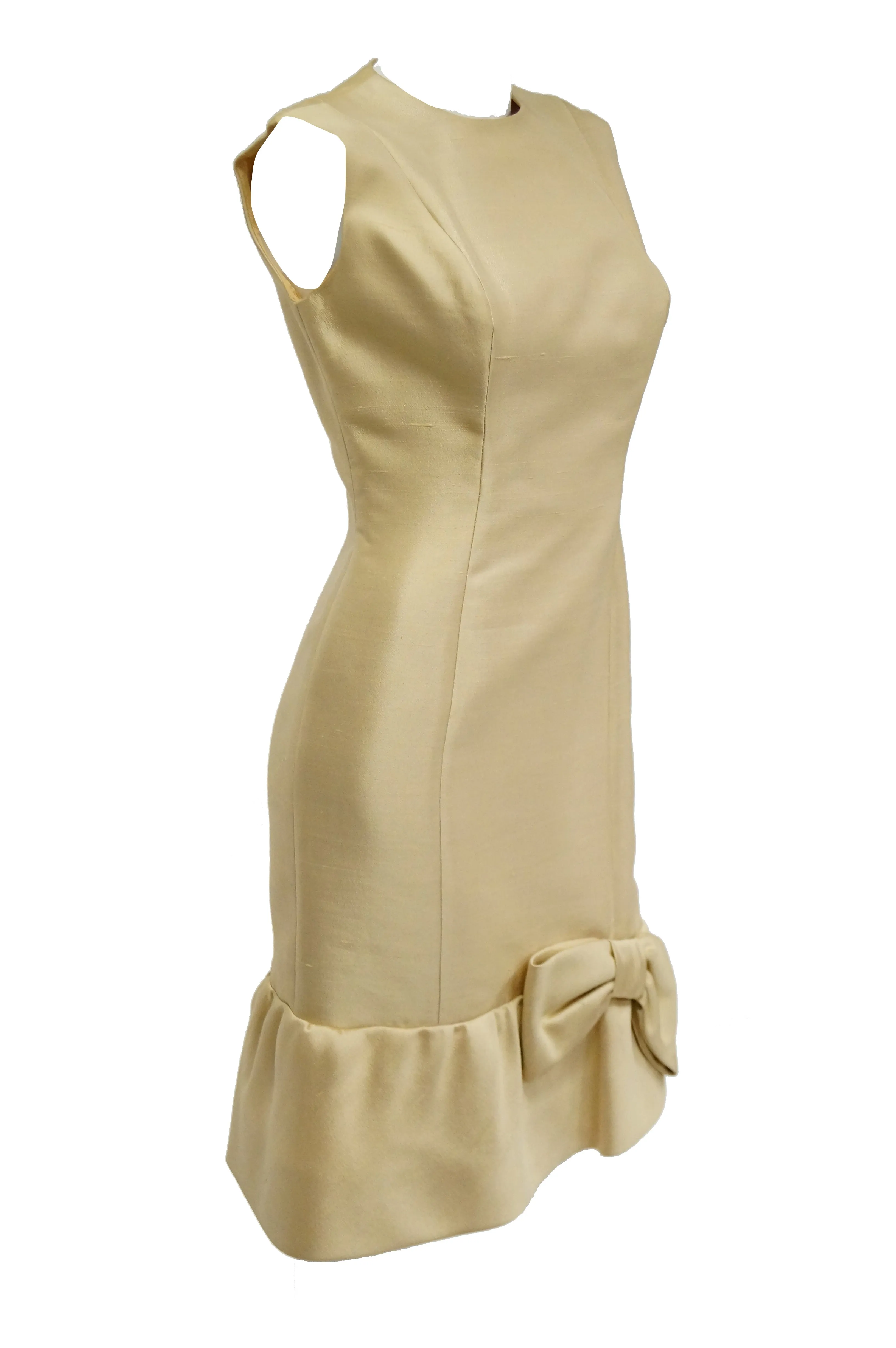 1960s Mardi Gras Champagne Gold Cocktail Sheath Dress with Bow Detail