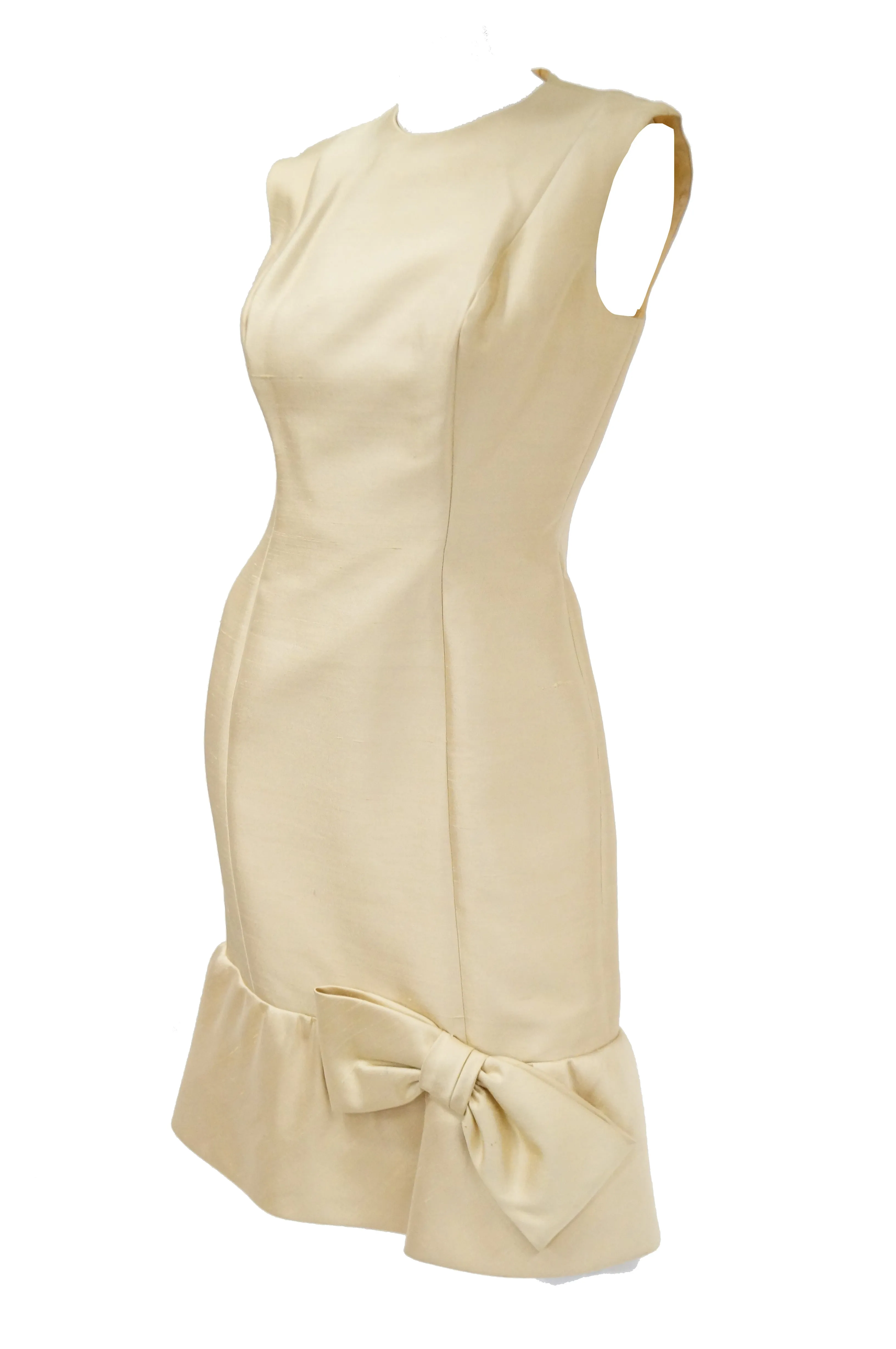 1960s Mardi Gras Champagne Gold Cocktail Sheath Dress with Bow Detail