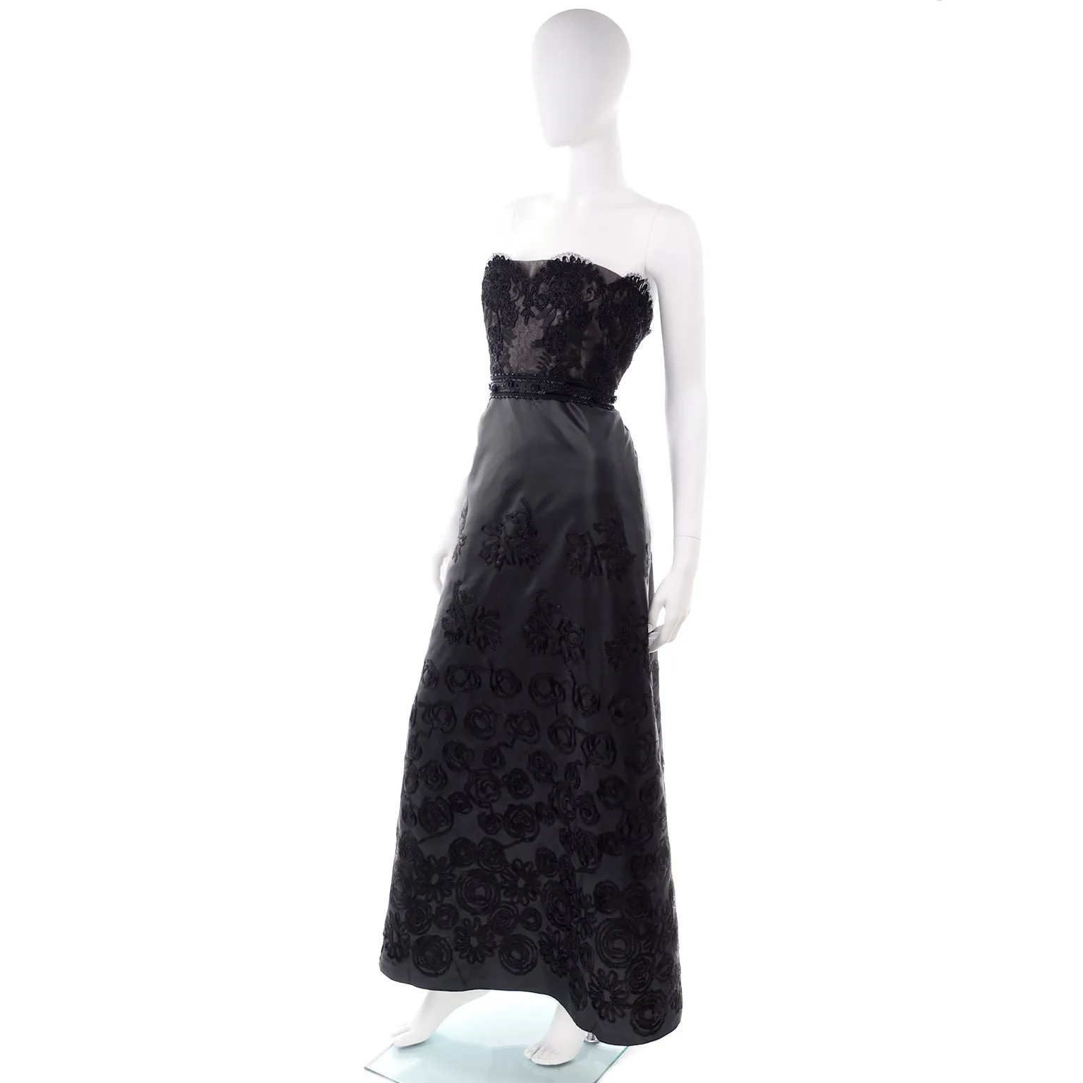 1999 Christian Lacroix Black Strapless Beaded Lace Evening Dress