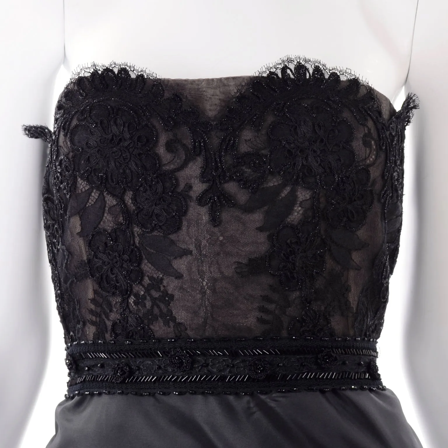 1999 Christian Lacroix Black Strapless Beaded Lace Evening Dress
