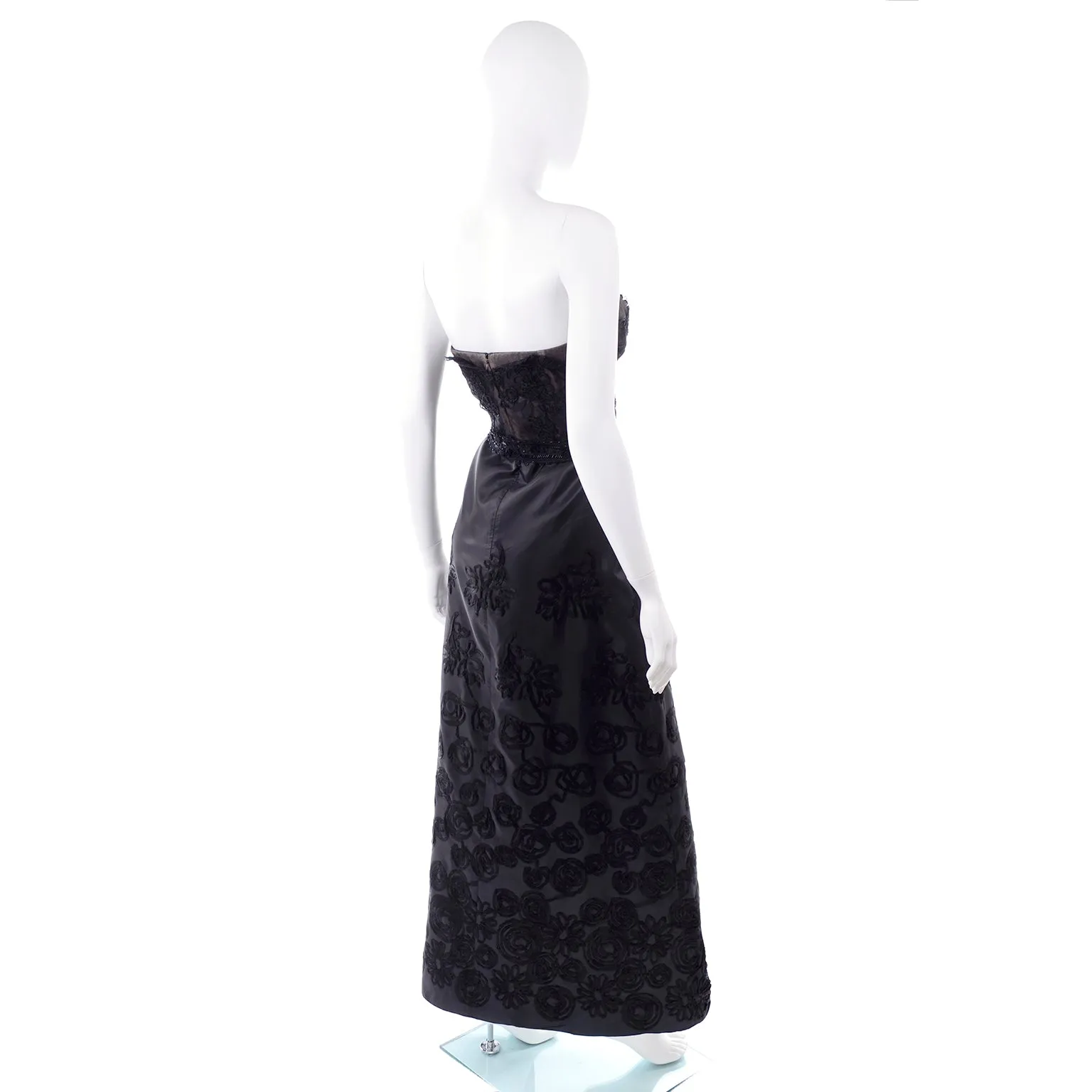 1999 Christian Lacroix Black Strapless Beaded Lace Evening Dress