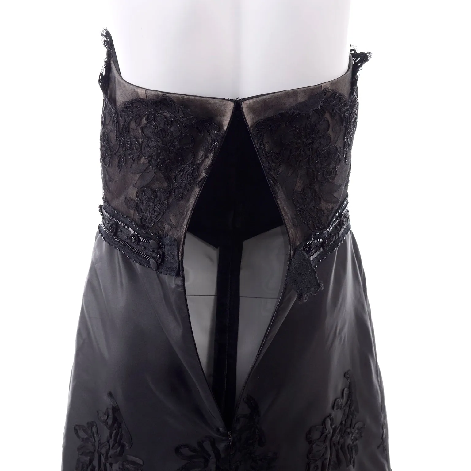 1999 Christian Lacroix Black Strapless Beaded Lace Evening Dress