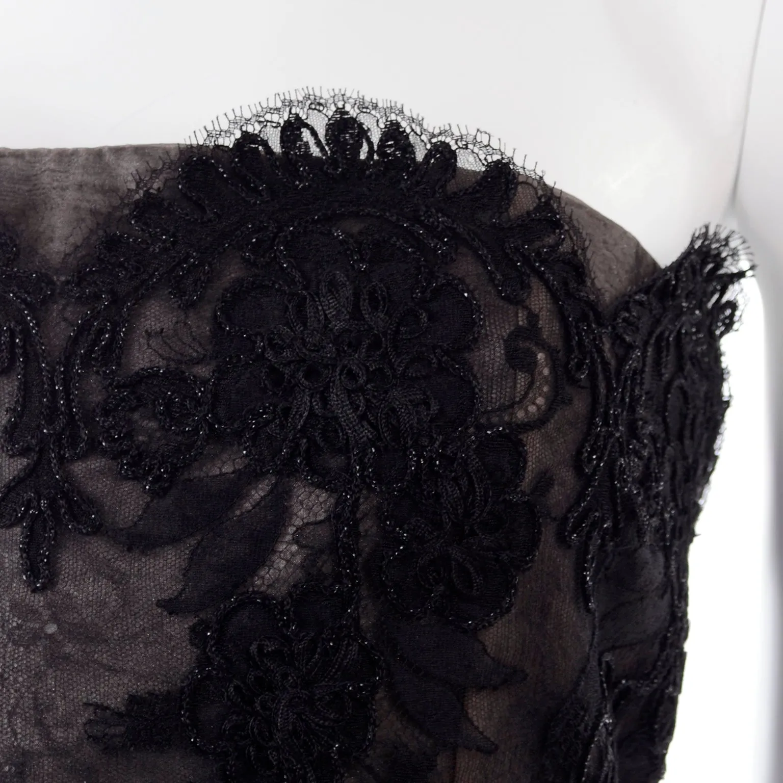 1999 Christian Lacroix Black Strapless Beaded Lace Evening Dress