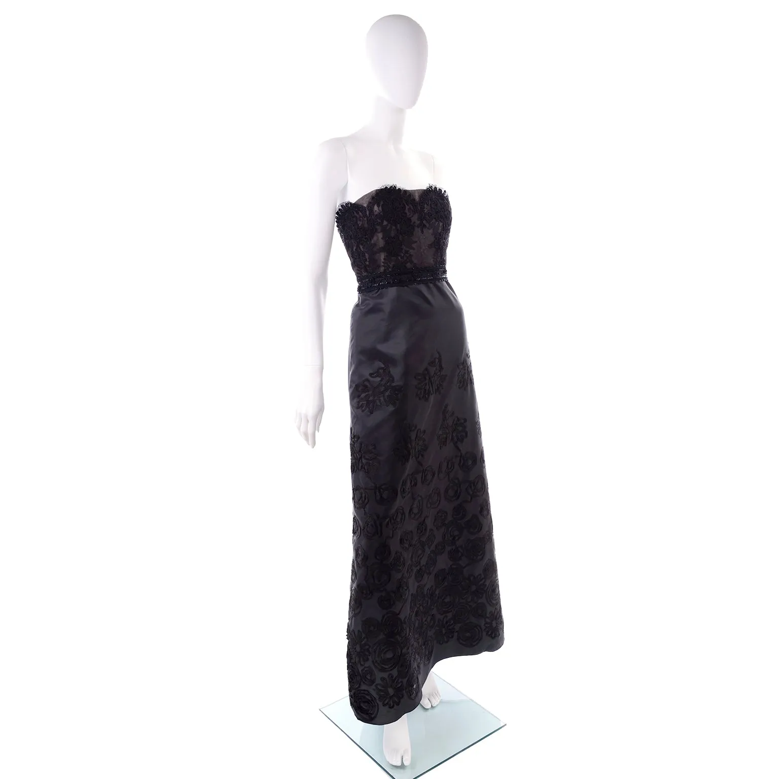 1999 Christian Lacroix Black Strapless Beaded Lace Evening Dress