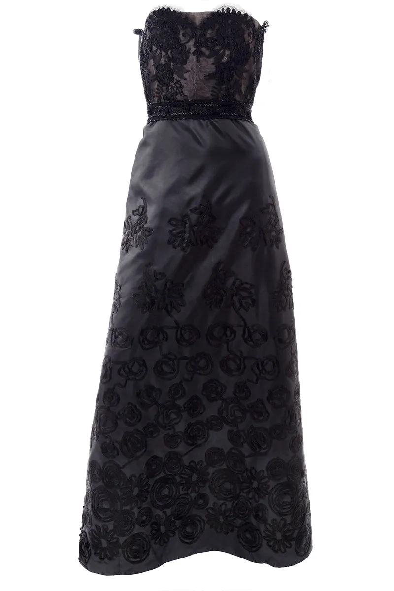 1999 Christian Lacroix Black Strapless Beaded Lace Evening Dress