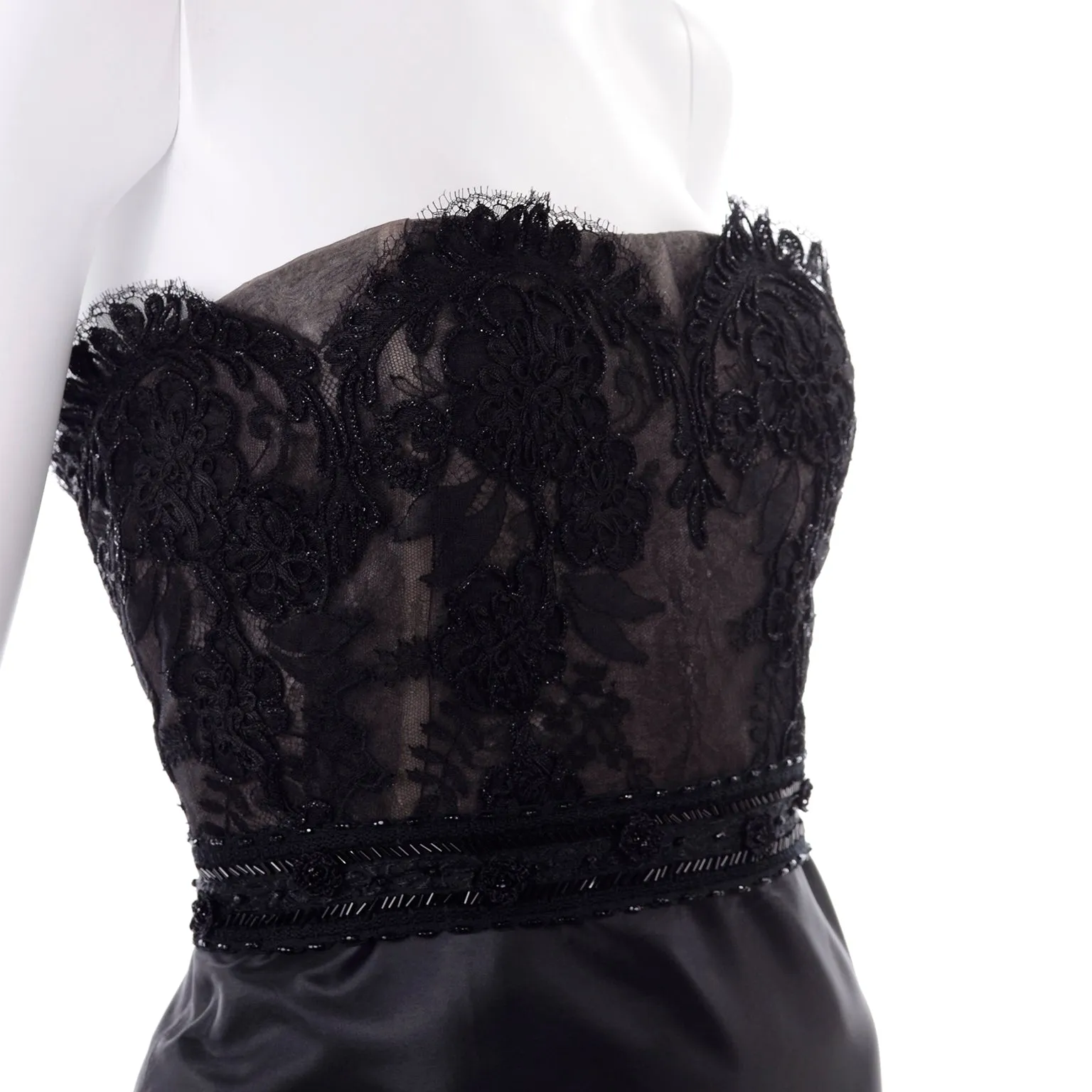 1999 Christian Lacroix Black Strapless Beaded Lace Evening Dress