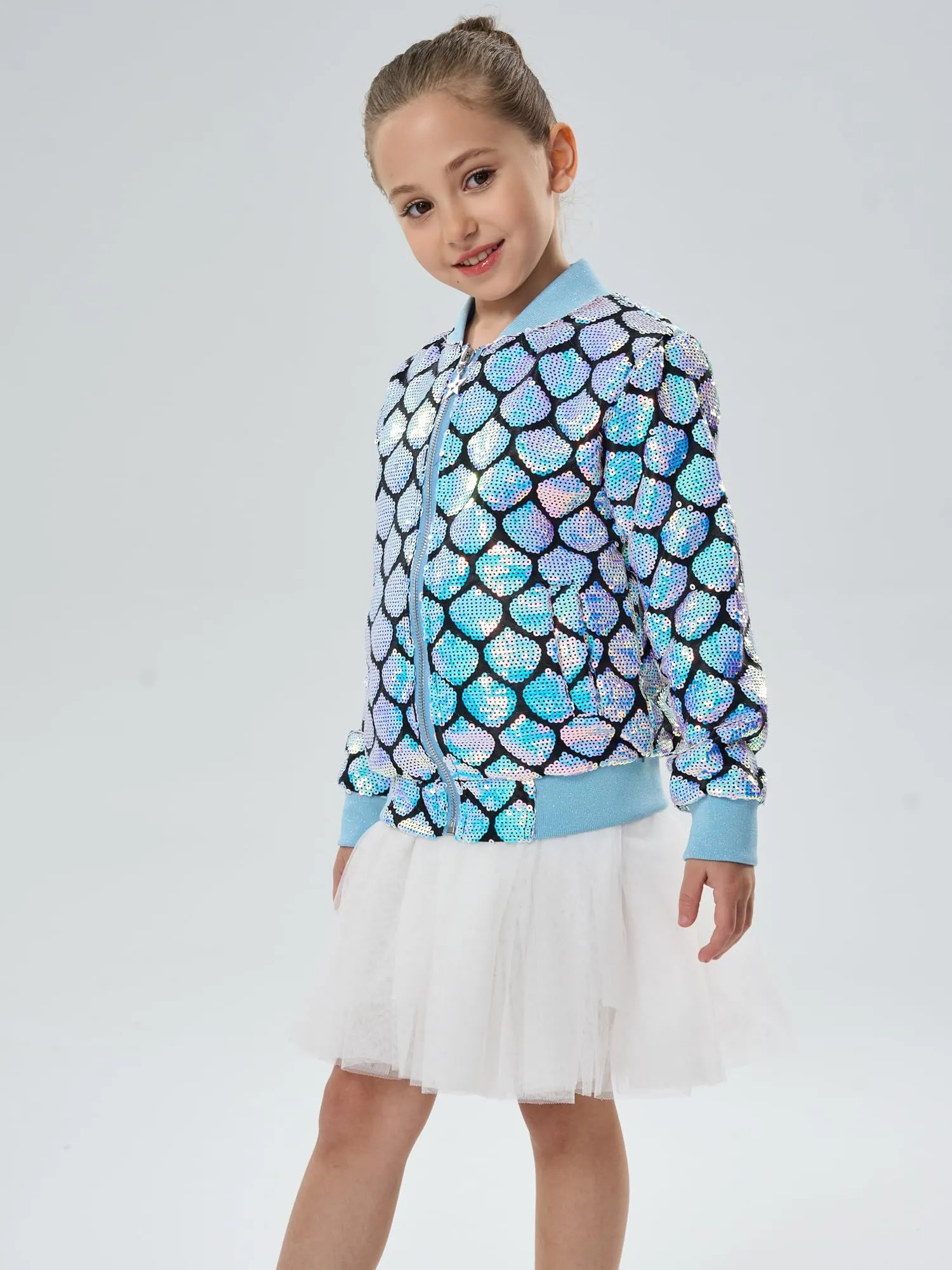 2Bunnies Girls' Seashell Glow Sequin Bomber Jacket