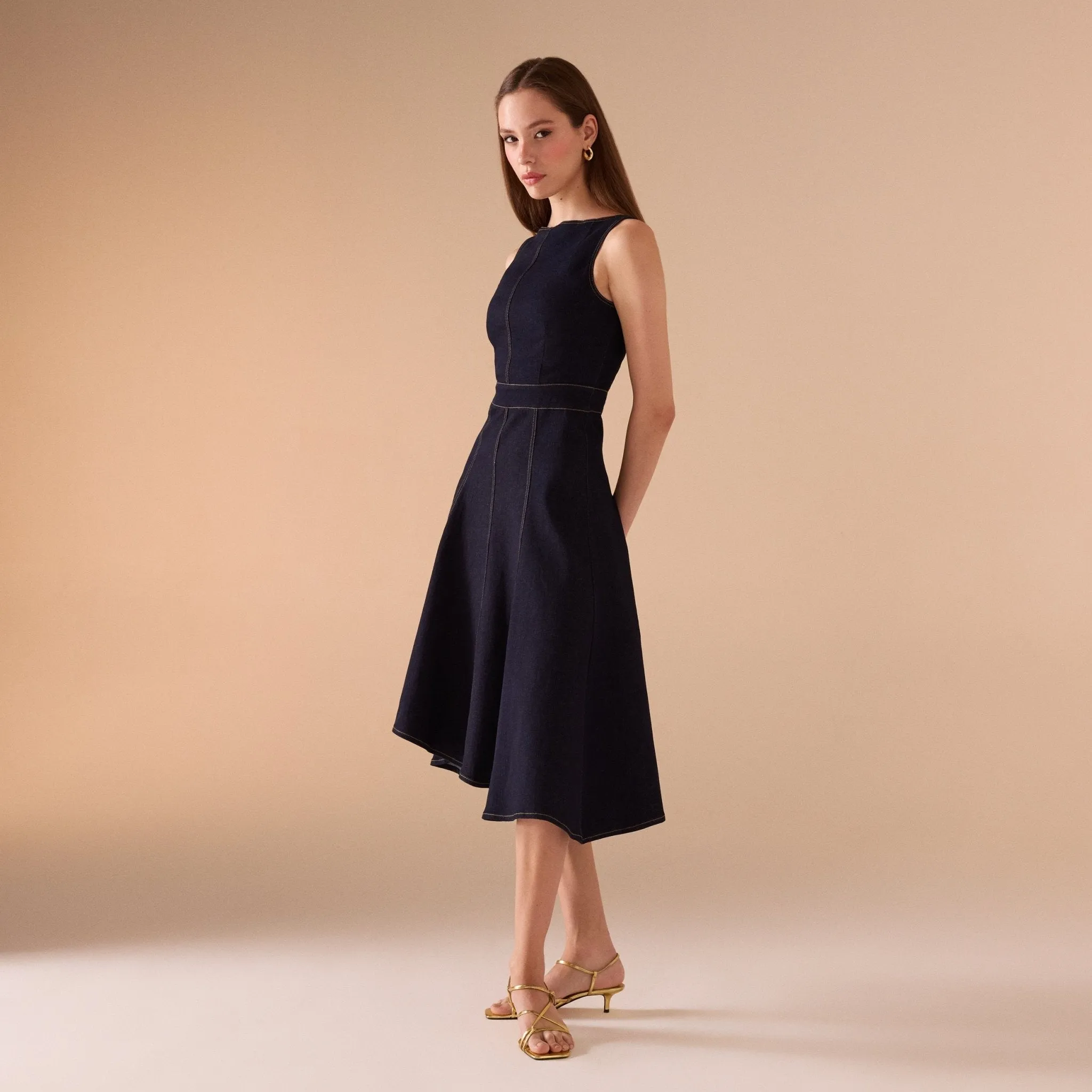 A-line Sleeveless Denim Midi Dress