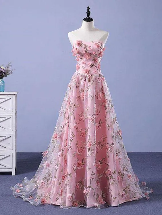 A Line Strapless Blush Pink Lace Flowers Long Prom Dresses Formal Evening Gown Dress