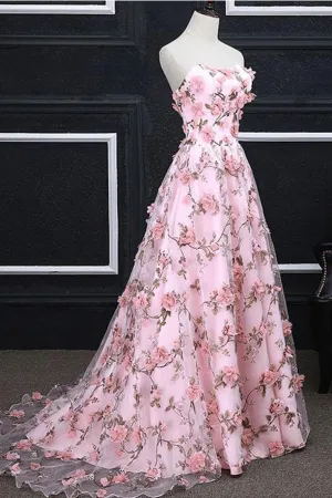 A Line Strapless Blush Pink Lace Flowers Long Prom Dresses Formal Evening Gown Dress