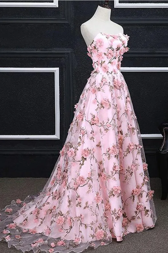 A Line Strapless Blush Pink Lace Flowers Long Prom Dresses Formal Evening Gown Dress
