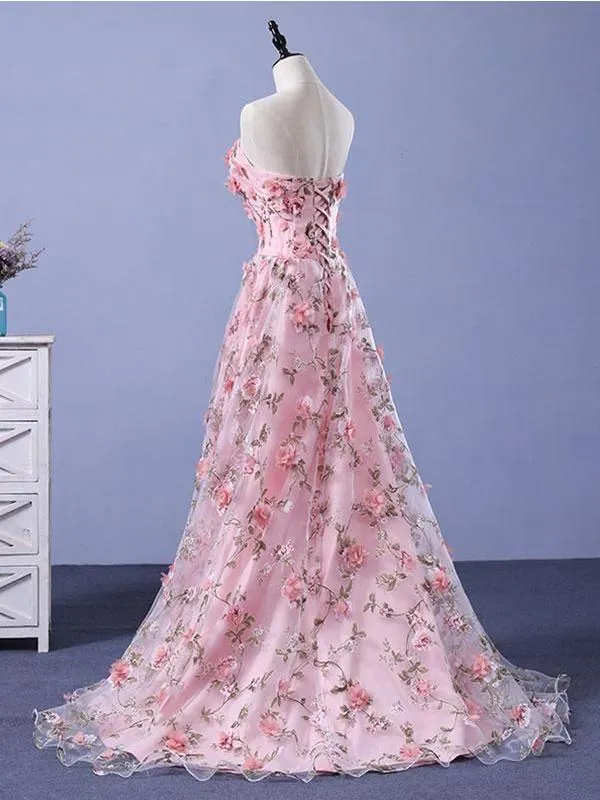 A Line Strapless Blush Pink Lace Flowers Long Prom Dresses Formal Evening Gown Dress