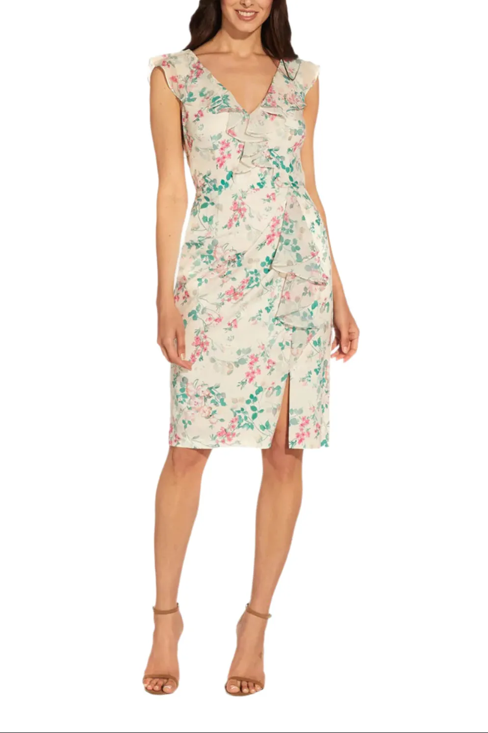 Adrianna Papell V- Neck Sleeveless Back Zipper Ruffle Front Detail Chiffon Short Dress