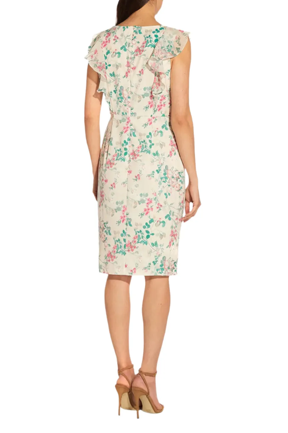 Adrianna Papell V- Neck Sleeveless Back Zipper Ruffle Front Detail Chiffon Short Dress