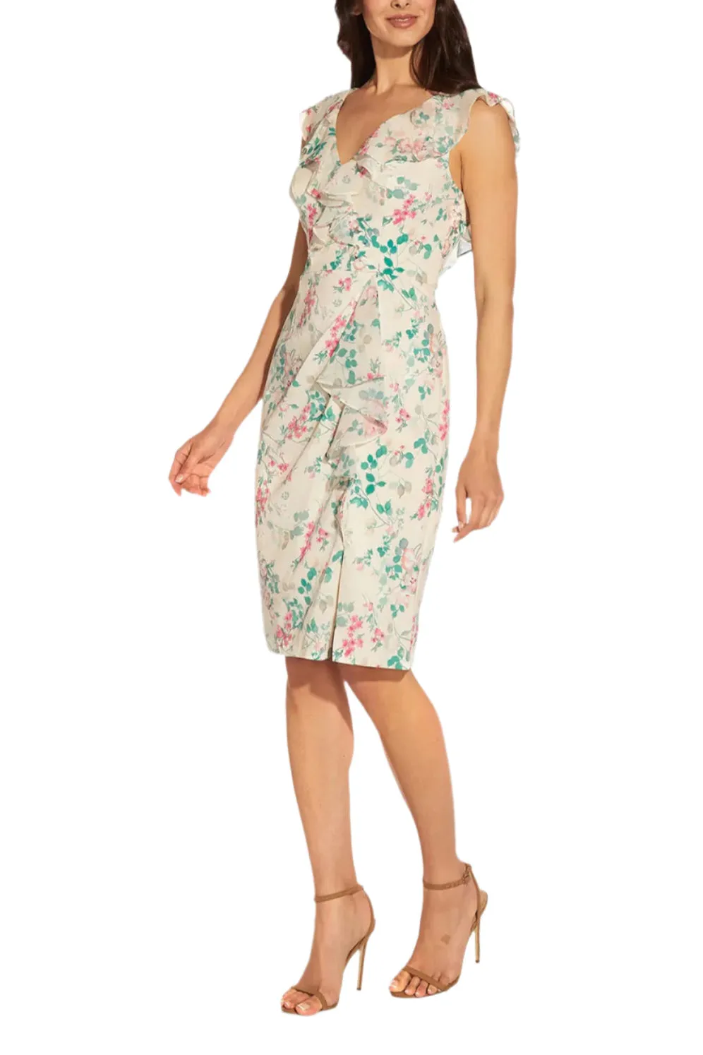 Adrianna Papell V- Neck Sleeveless Back Zipper Ruffle Front Detail Chiffon Short Dress