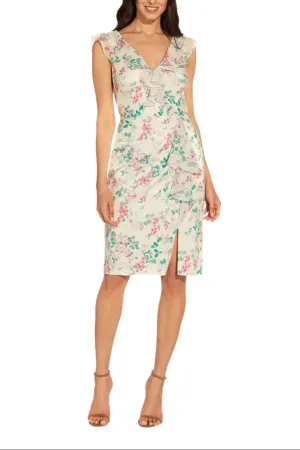 Adrianna Papell V- Neck Sleeveless Back Zipper Ruffle Front Detail Chiffon Short Dress