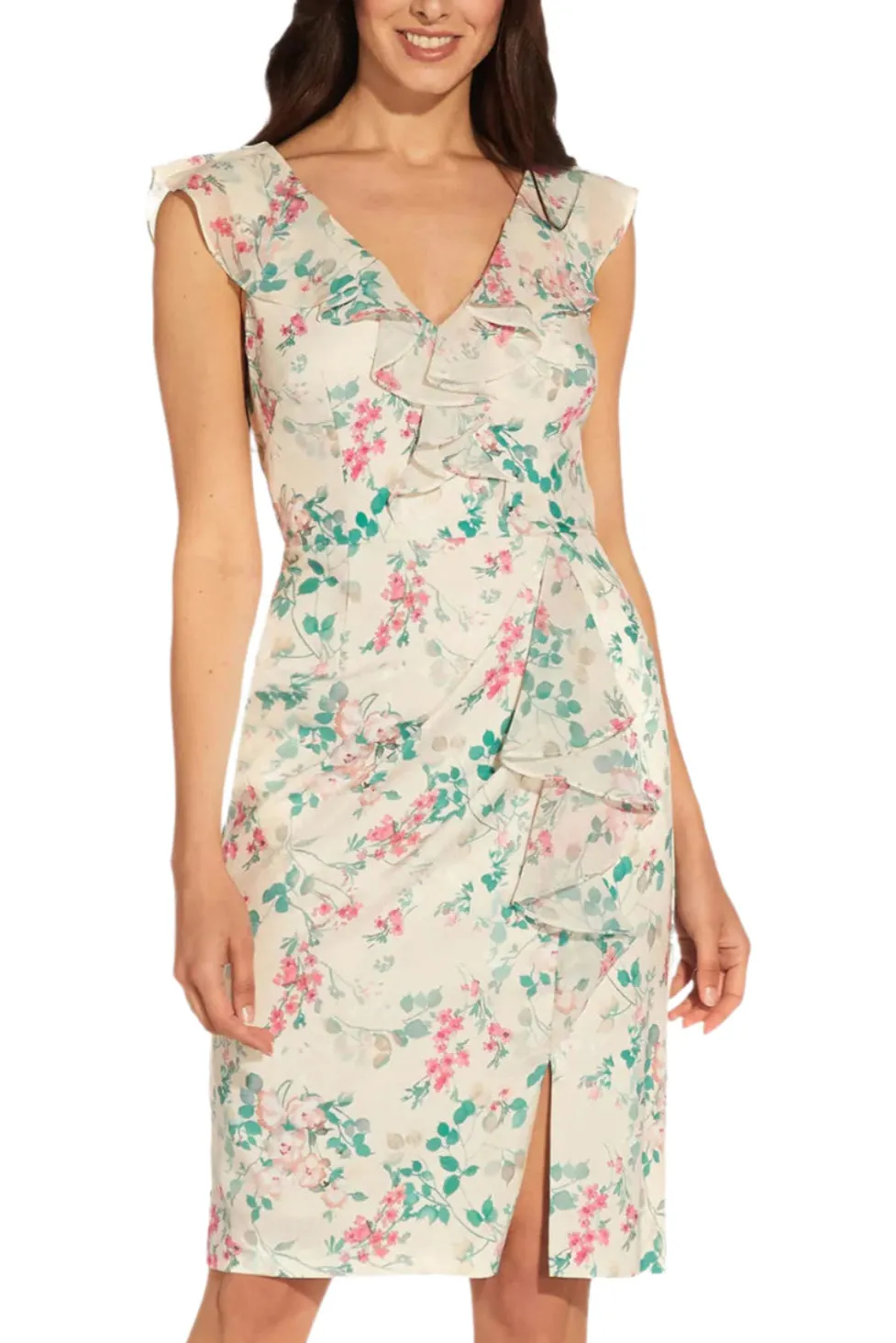Adrianna Papell V- Neck Sleeveless Back Zipper Ruffle Front Detail Chiffon Short Dress