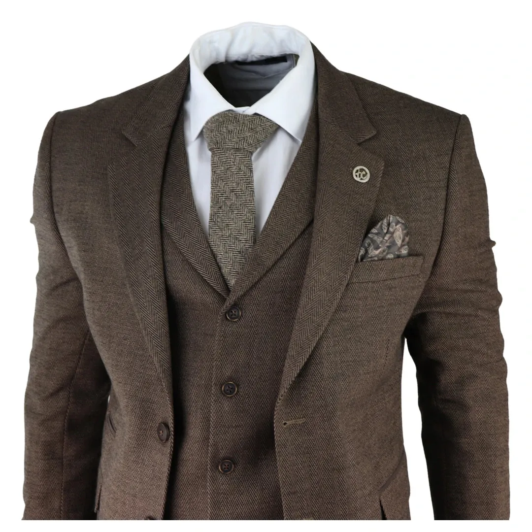 AK-06 - Men's Herringbone Tweed Brown 3 Piece Suit Wedding Blinders