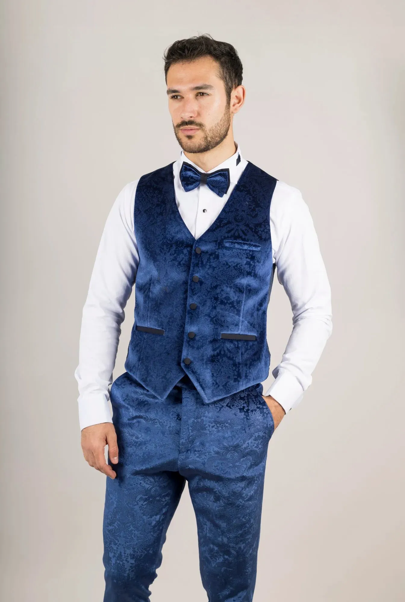 AK-27 - Men's Blue 3 Piece Velvet Wedding Tuxedo Suit