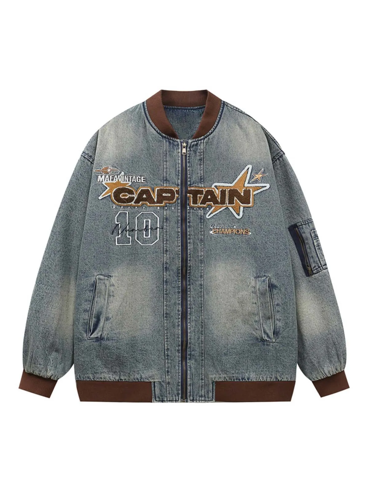 Alphabet Patch Embroidered Quilted Denim Bomber Jacket