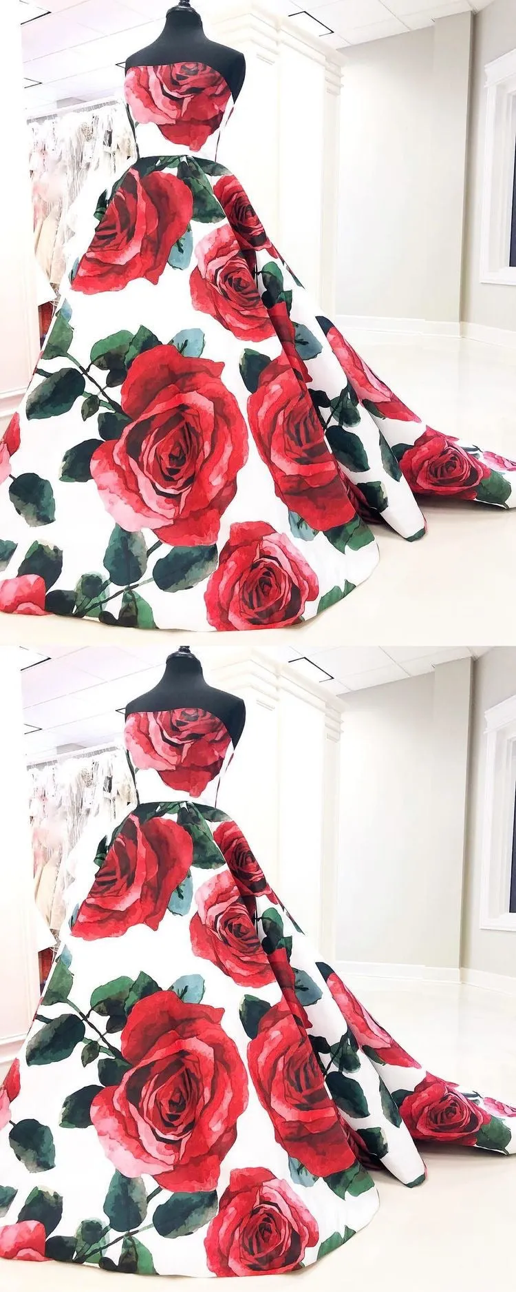 Ball Gown Prom Dresses Rose Floral Print Sweep Train Long Prom Dress JKL915
