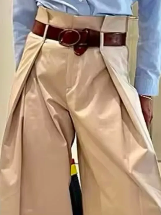 Beige big pleats loose fit wide pants
