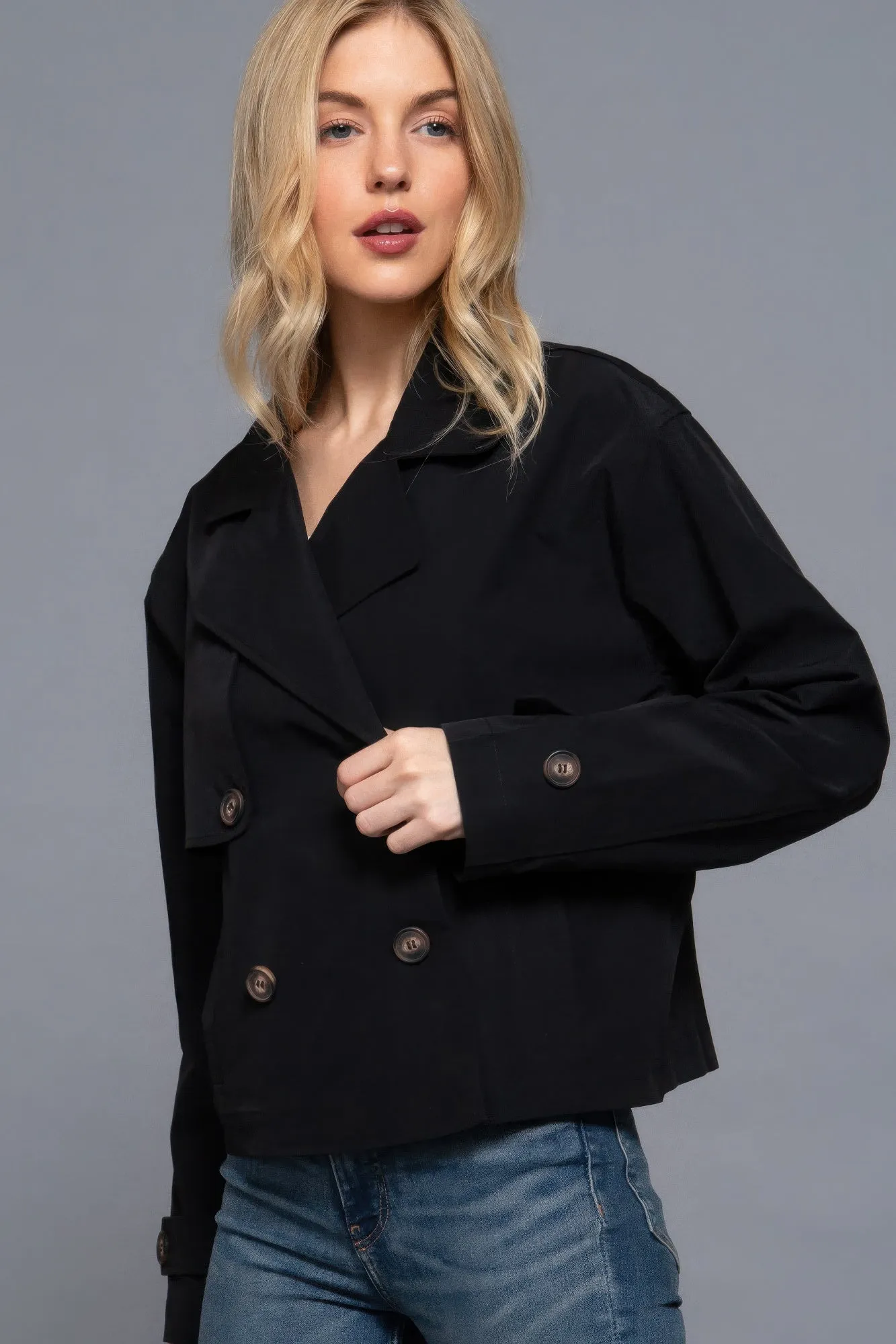 Black Double Breasted Short Trench Jacket
