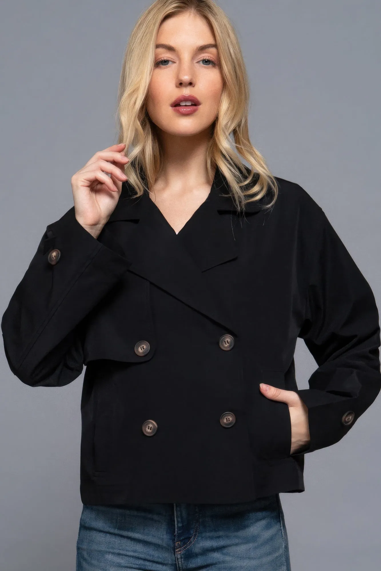 Black Double Breasted Short Trench Jacket