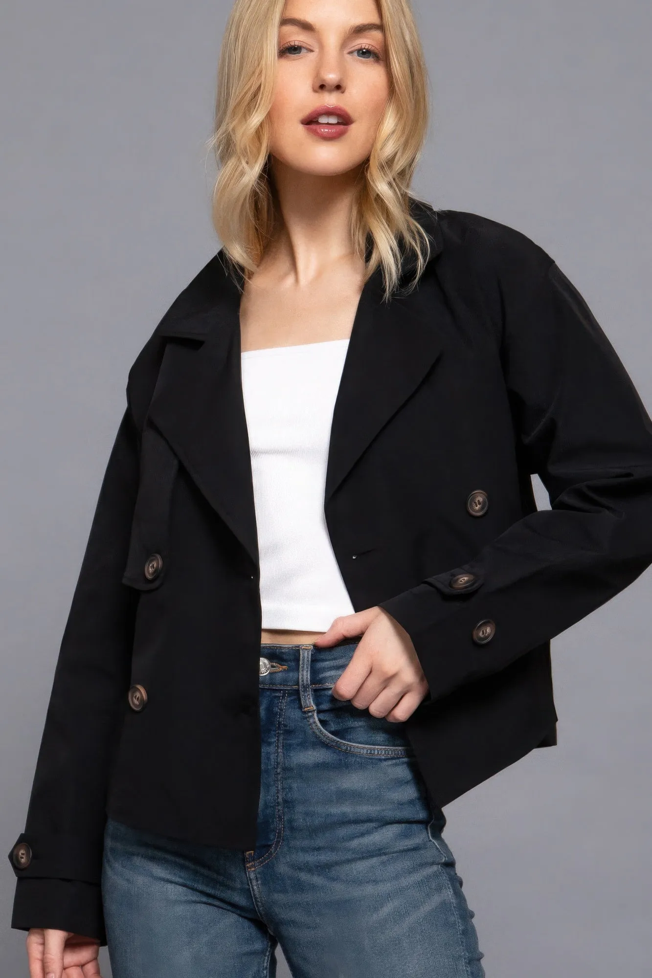 Black Double Breasted Short Trench Jacket