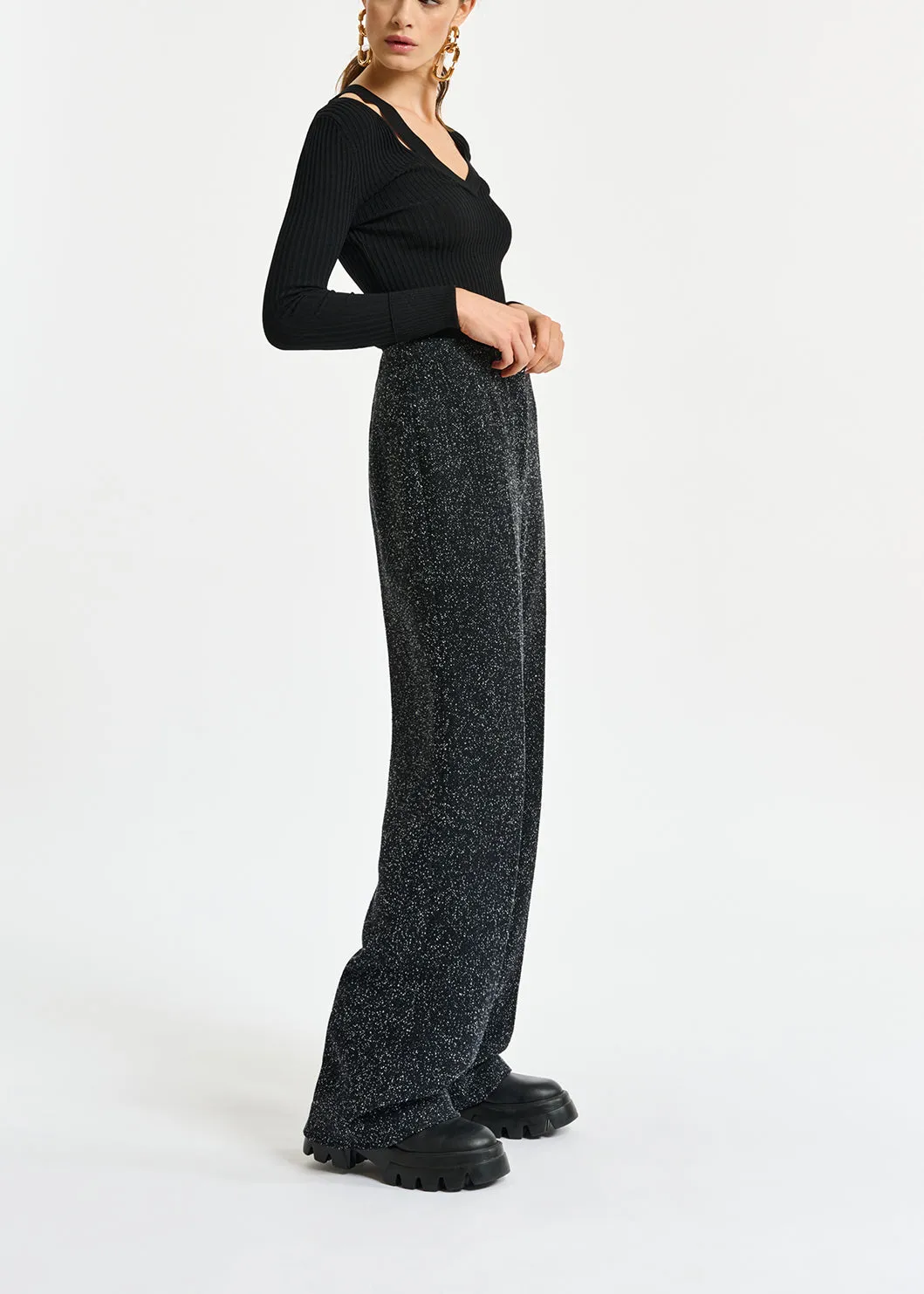 Black wide-leg bouclé pants