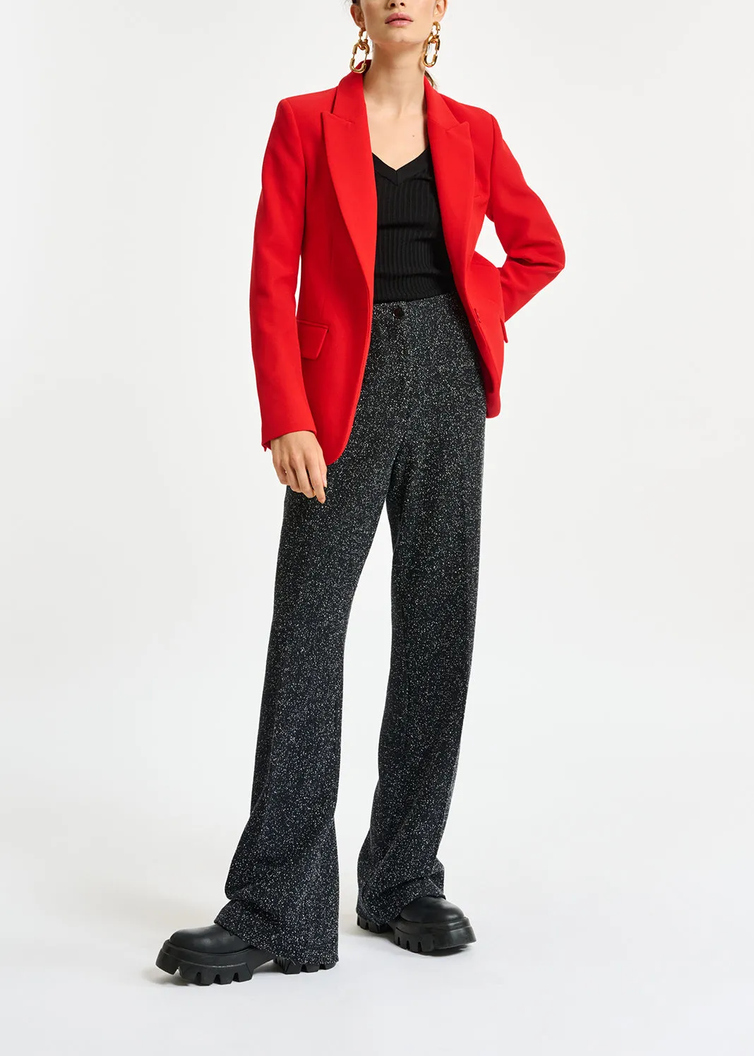 Black wide-leg bouclé pants