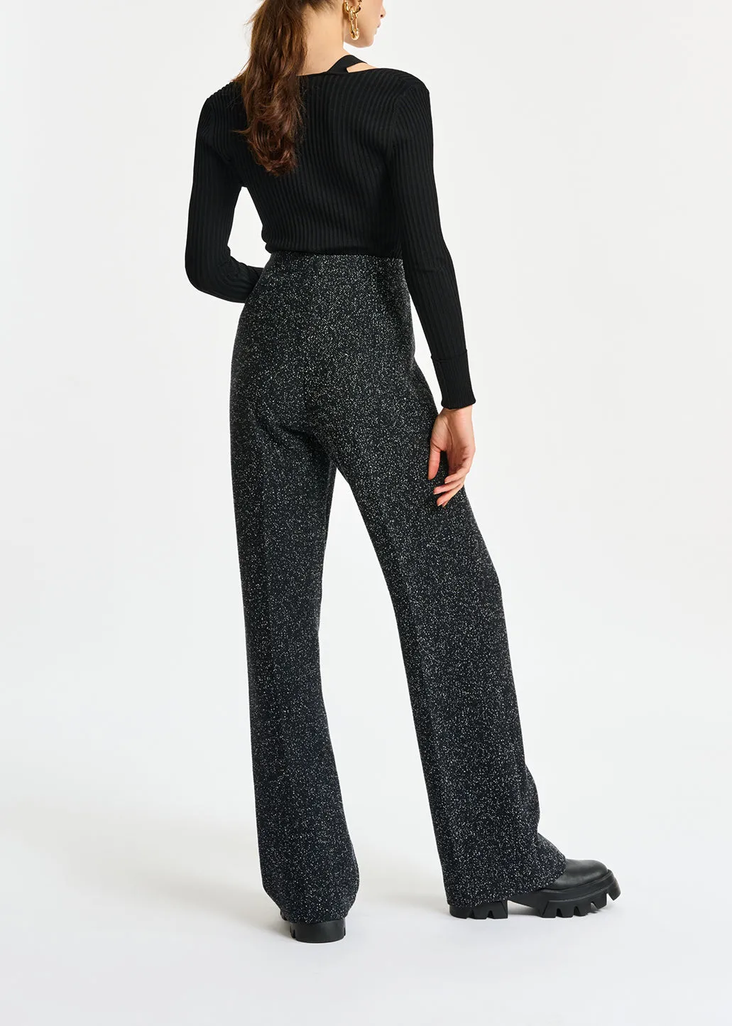 Black wide-leg bouclé pants