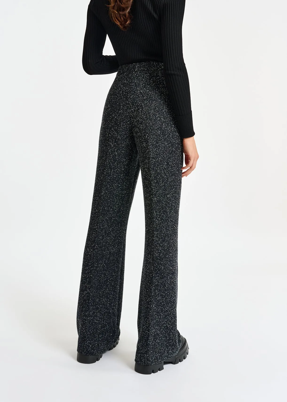 Black wide-leg bouclé pants