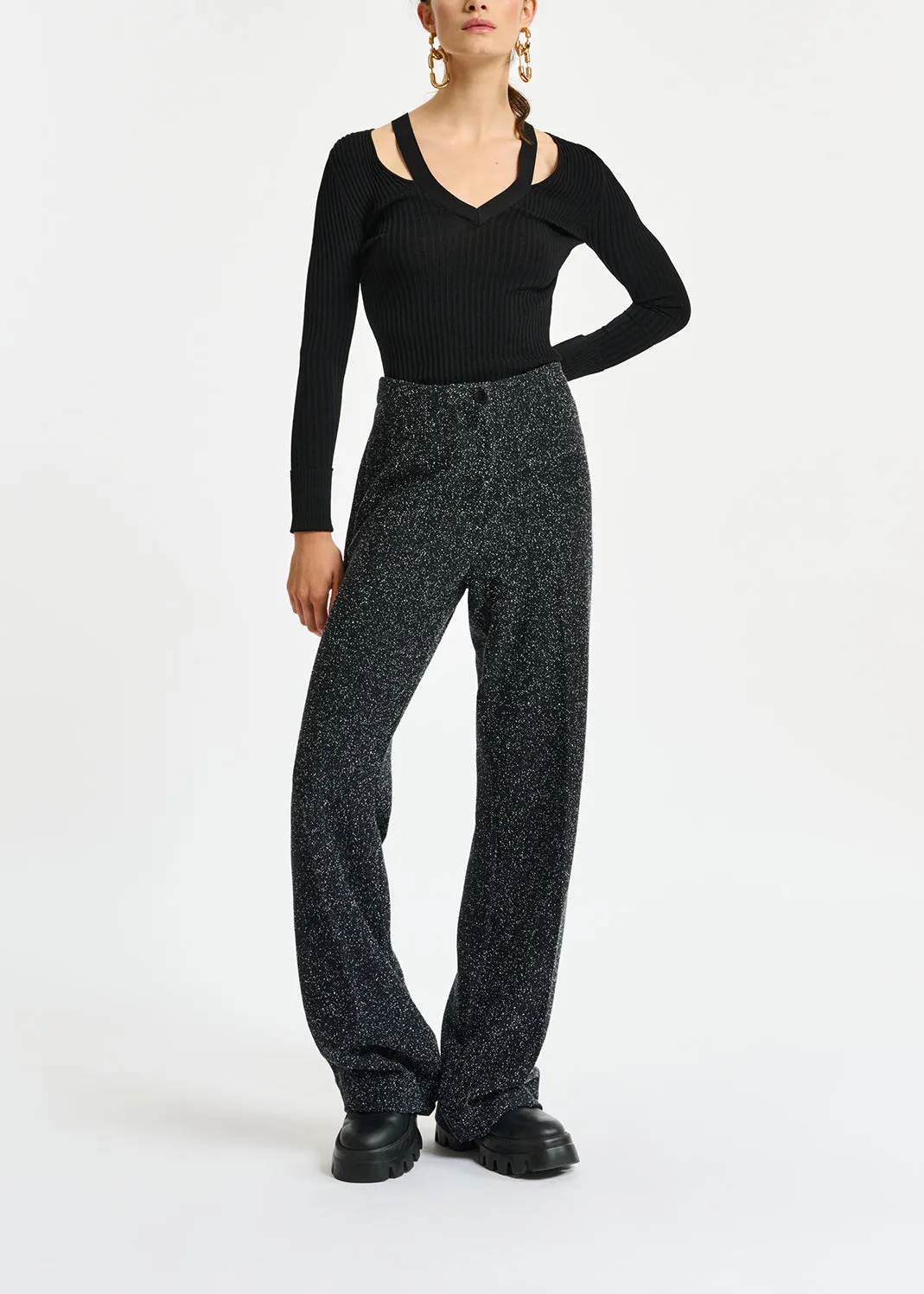Black wide-leg bouclé pants