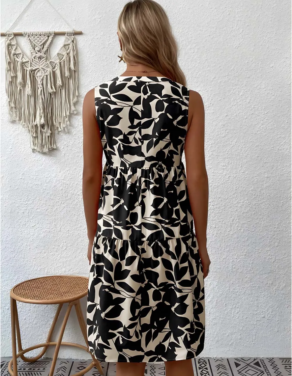 Bohemian Loose V-Neck Pleated Plants Print A Line Dresses