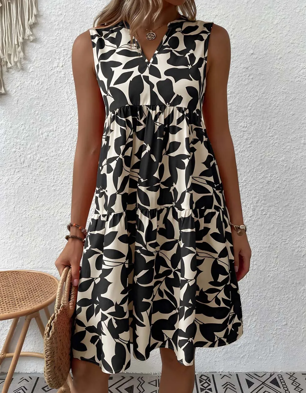 Bohemian Loose V-Neck Pleated Plants Print A Line Dresses