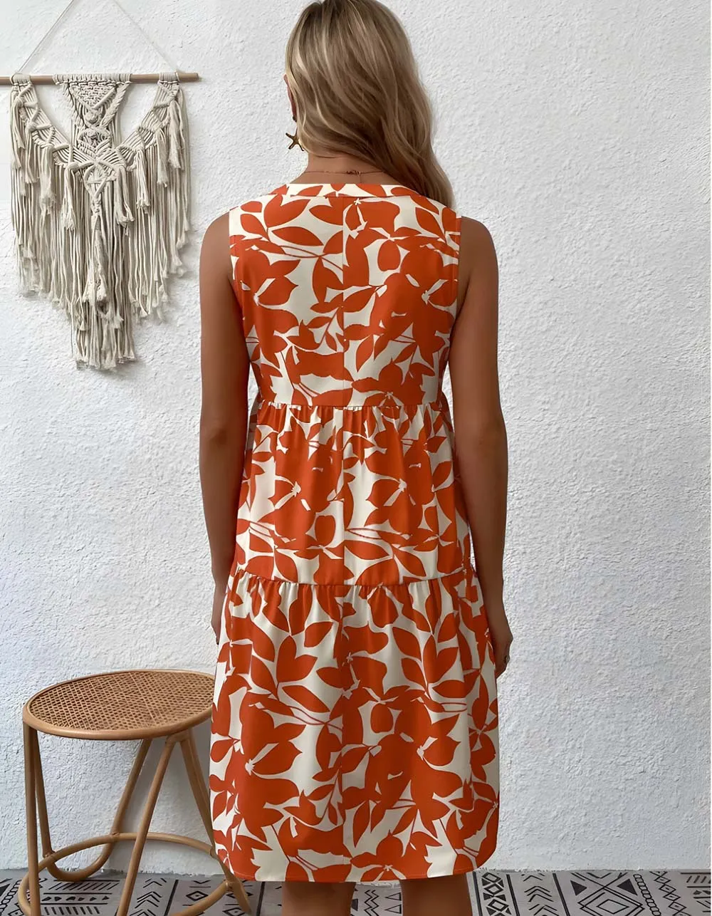 Bohemian Loose V-Neck Pleated Plants Print A Line Dresses