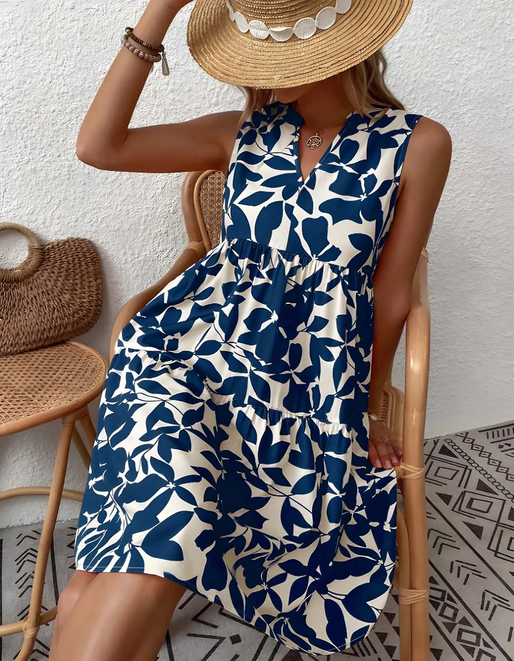 Bohemian Loose V-Neck Pleated Plants Print A Line Dresses