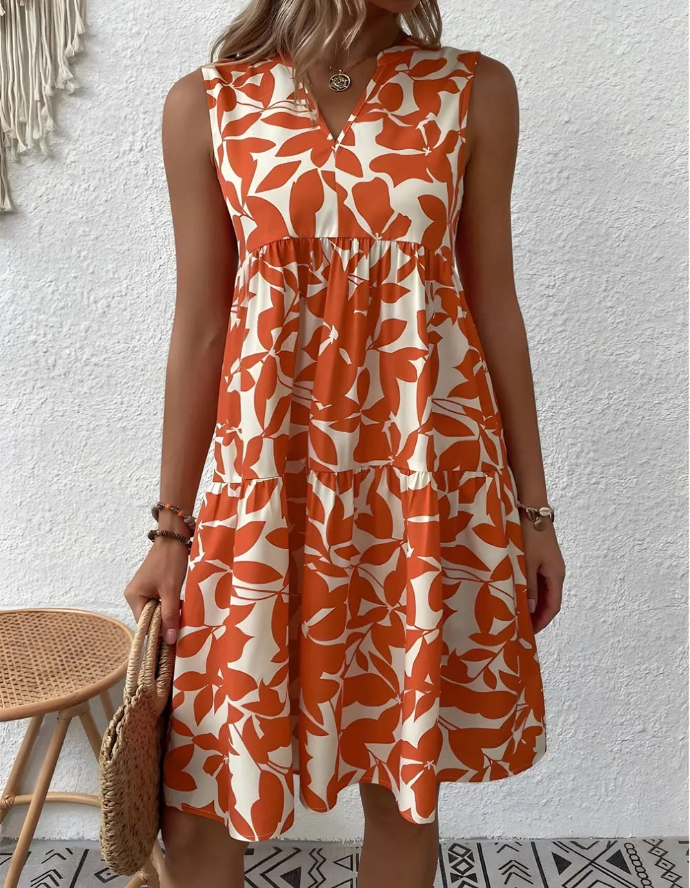 Bohemian Loose V-Neck Pleated Plants Print A Line Dresses