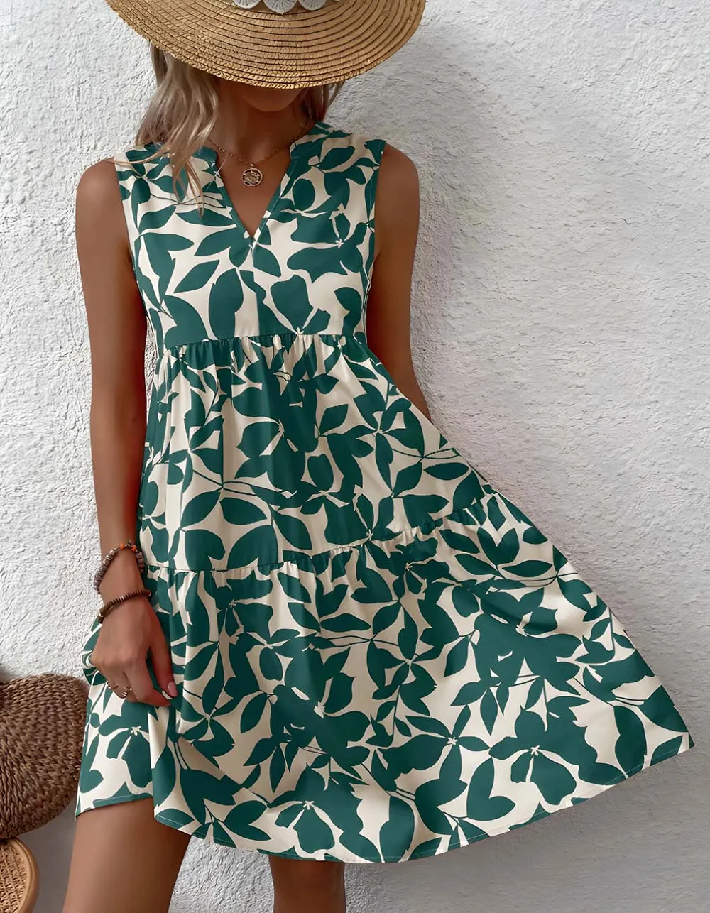 Bohemian Loose V-Neck Pleated Plants Print A Line Dresses
