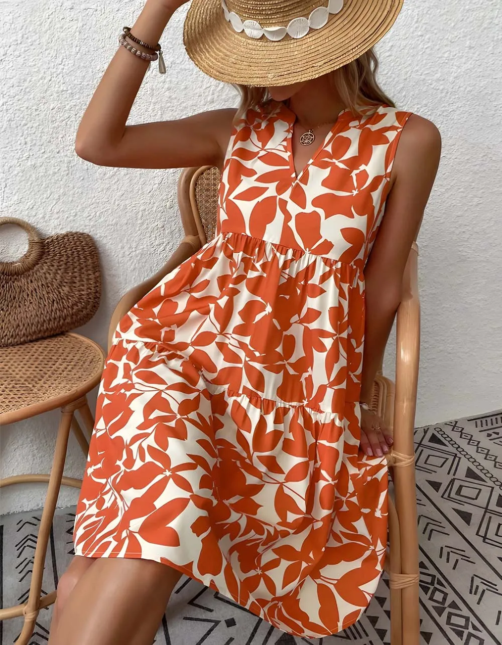 Bohemian Loose V-Neck Pleated Plants Print A Line Dresses