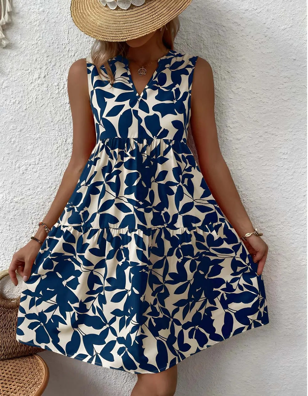 Bohemian Loose V-Neck Pleated Plants Print A Line Dresses