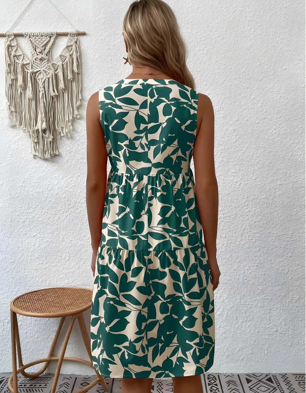 Bohemian Loose V-Neck Pleated Plants Print A Line Dresses