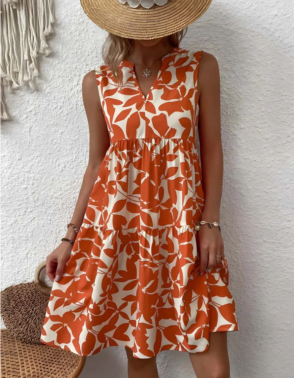 Bohemian Loose V-Neck Pleated Plants Print A Line Dresses