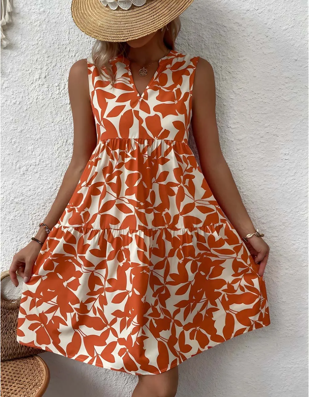 Bohemian Loose V-Neck Pleated Plants Print A Line Dresses