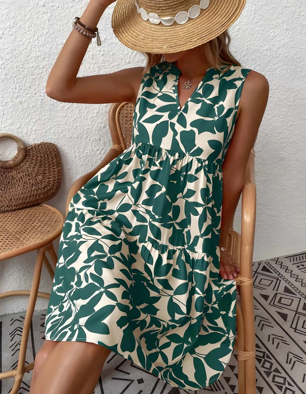 Bohemian Loose V-Neck Pleated Plants Print A Line Dresses
