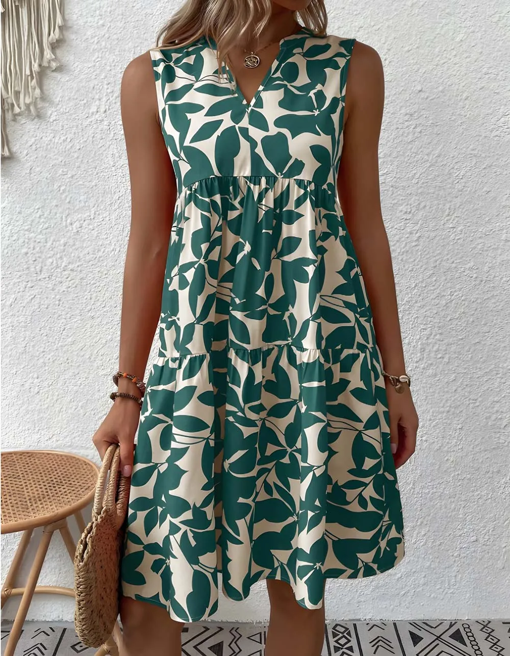 Bohemian Loose V-Neck Pleated Plants Print A Line Dresses