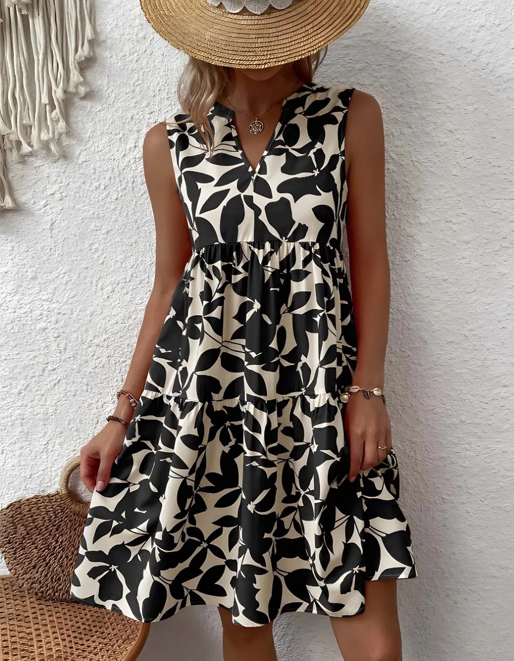 Bohemian Loose V-Neck Pleated Plants Print A Line Dresses